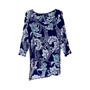 Chico’s Travelers | Black Green Leaf Print Asymmetrical Top, Size 1 (Medium)